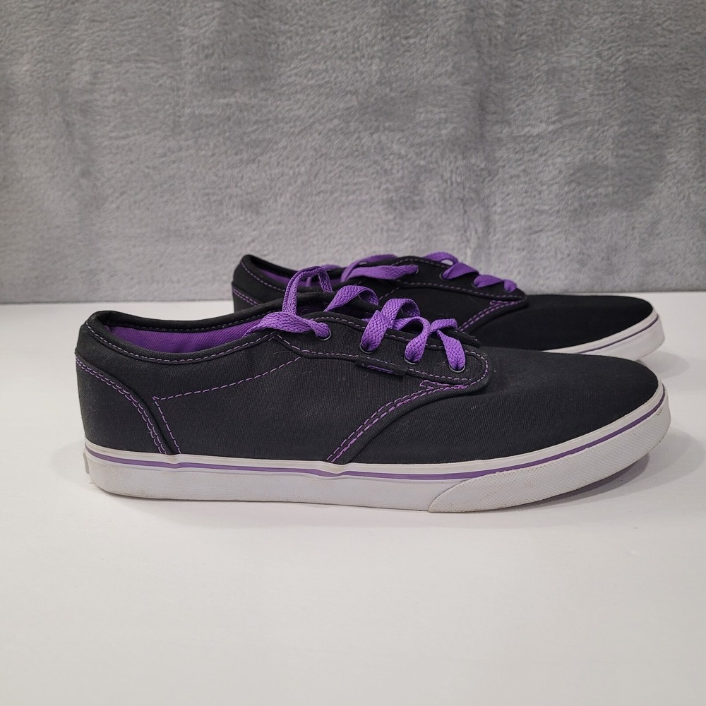 Vans Atwood Low Top Sneakers Black Canvas Purple Stitching Women's Missy Size 6 - Picture 2 of 11
